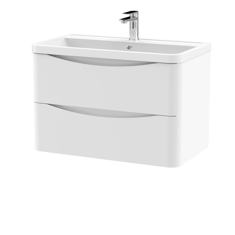 Nuie Lunar 800mm 2 drawer wall hung vanity unit with polymarble basin in Satin White