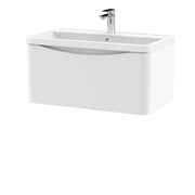 Nuie Lunar 800mm 1 drawer wall hung vanity unit with polymarble basin in Satin White