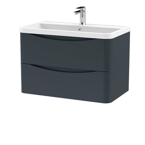Nuie Lunar 800mm 2 drawer wall hung vanity unit with polymarble basin in Soft Black