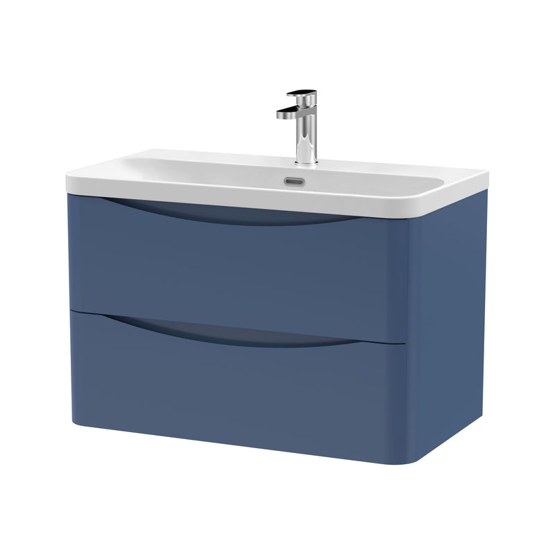 Nuie Lunar 800mm 2 drawer wall hung vanity unit with thin-edge ceramic basin in Satin Blue