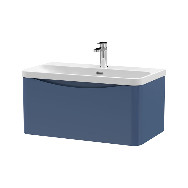 Nuie Lunar 800mm 1 drawer wall hung vanity unit with thin-edge ceramic basin in Satin Blue