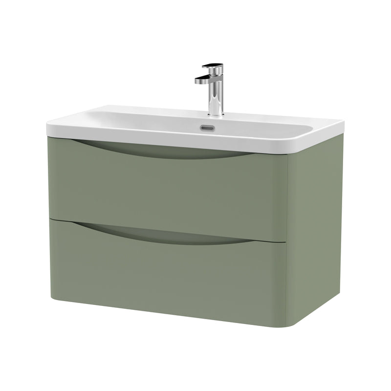 Nuie Lunar 800mm 2 drawer wall hung vanity unit with thin-edge ceramic basin in Satin Green