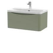 Nuie Lunar 800mm 1 drawer wall hung vanity unit with thin-edge ceramic basin in Satin Green