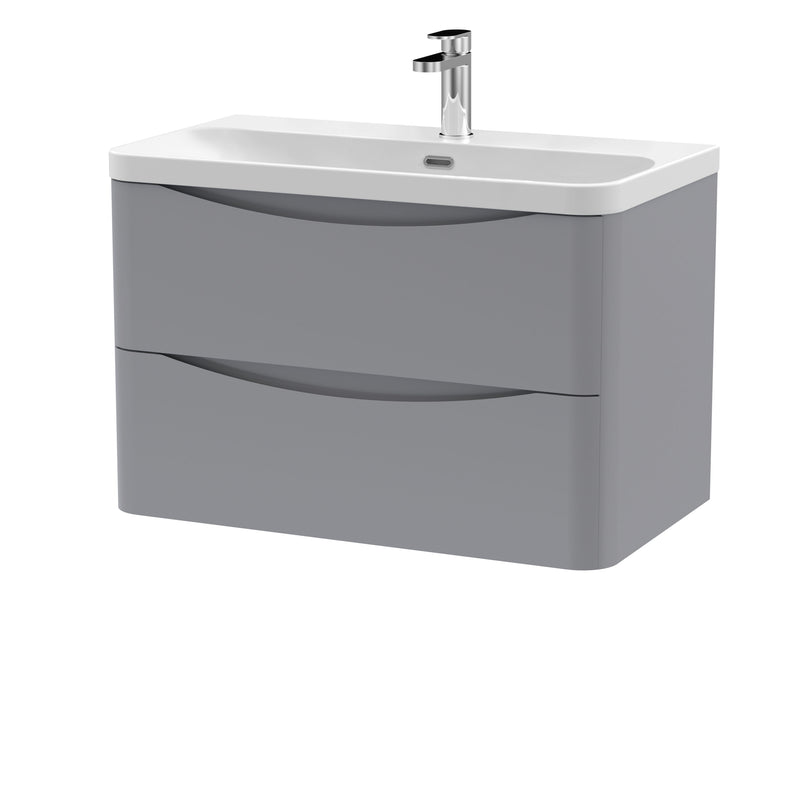Nuie Lunar 800mm 2 drawer wall hung vanity unit with thin-edge ceramic basin in Satin Grey