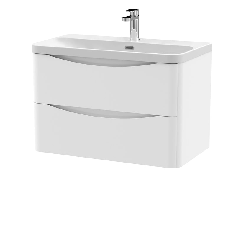 Nuie Lunar 800mm 2 drawer wall hung vanity unit with thin-edge ceramic basin in Satin White