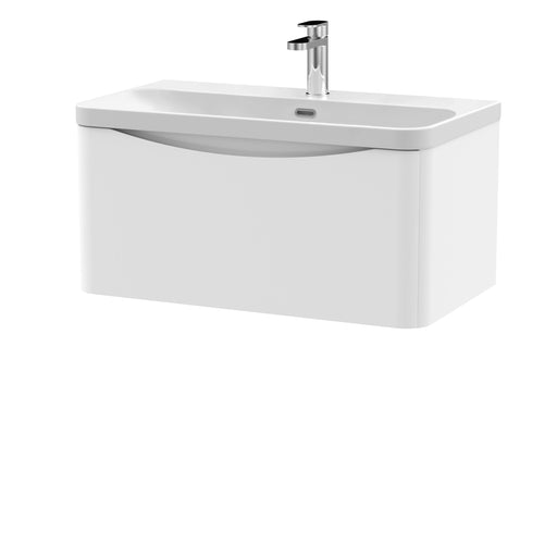 Nuie Lunar 800mm 1 drawer wall hung vanity unit with thin-edge ceramic basin in Satin White