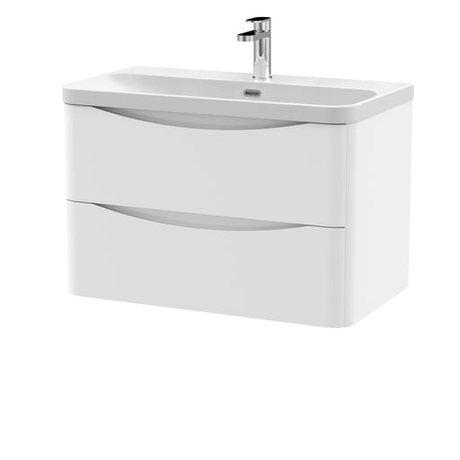 Nuie Lunar 800mm 2 drawer wall hung vanity unit with thin-edge ceramic basin in Satin White