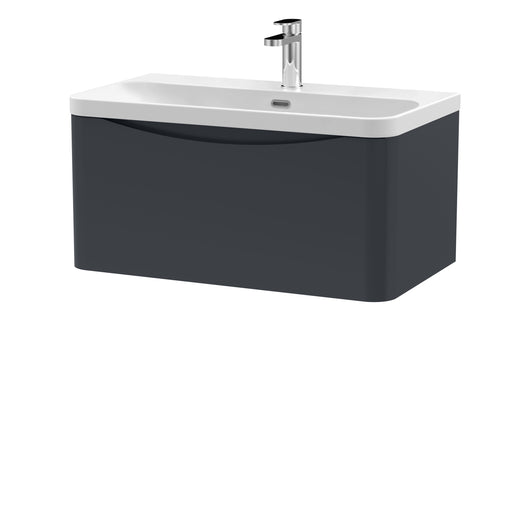 Nuie Lunar 800mm 1 drawer wall hung vanity unit with thin-edge ceramic basin in Soft Black