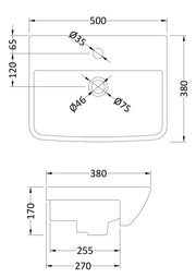 Nuie Lynx 500mm Ceramic Square Semi-Recessed Basin 1 Tap Hole (SRB005) line drawing