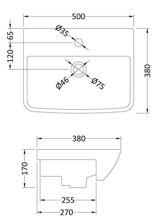 Nuie Lynx 500mm Ceramic Square Semi-Recessed Basin 1 Tap Hole (SRB005) line drawing