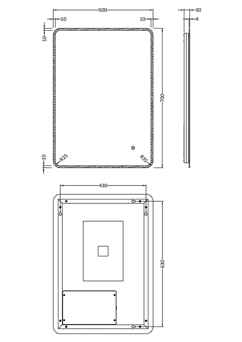 Nuie Lynx 500x700mm LED touch sensor mirror dimensions diagram