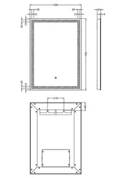 Nuie Lyra 500x700mm LED touch sensor mirror dimensions diagram