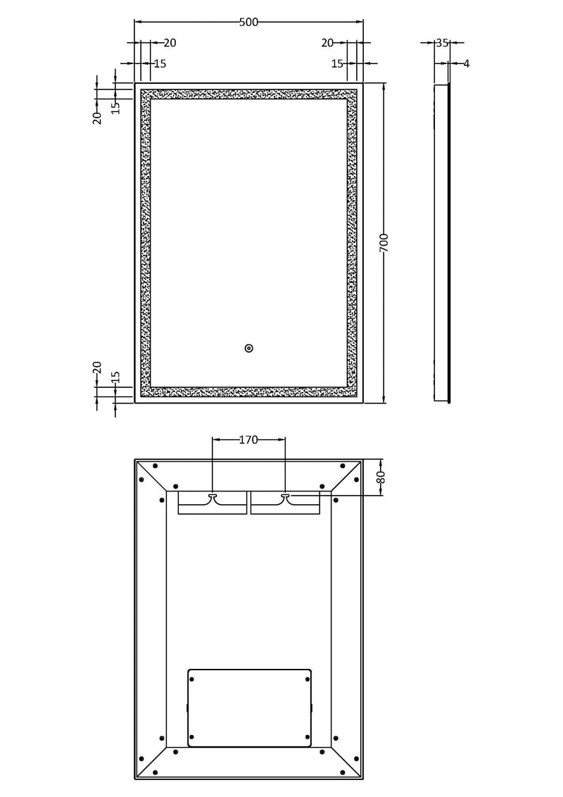 Nuie Lyra 500x700mm LED touch sensor mirror dimensions diagram