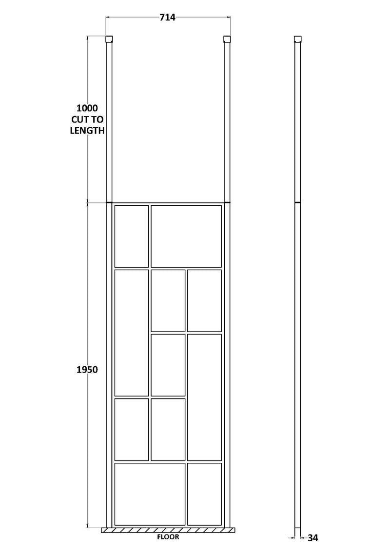 Nuie Matt Black Abstract Frame Wetroom Screen with Ceiling Posts 1950mm (All Sizes) line drawing
