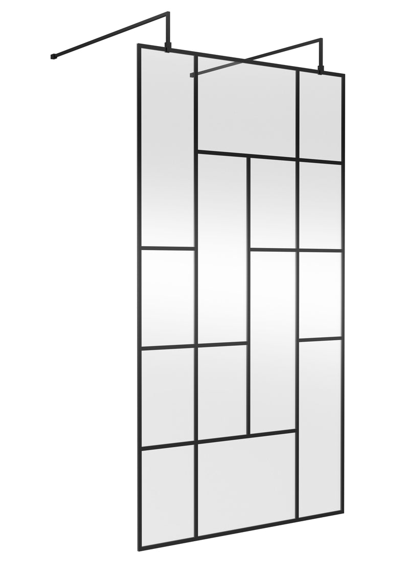 Nuie Matt Black Abstract Frame Wetroom Screen with Support Arms 1950mm (All Sizes) in 1100mm Matt Black (NWFAFB11)