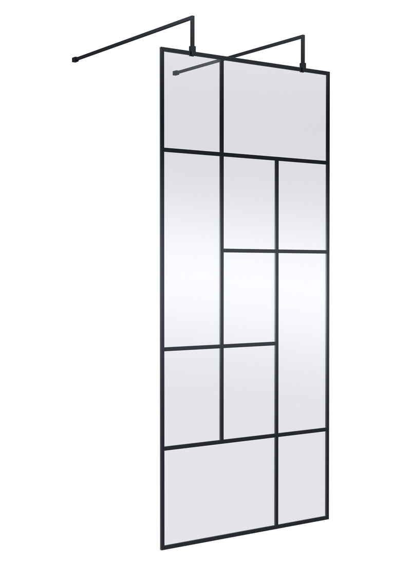 Nuie Matt Black Abstract Frame Wetroom Screen with Support Arms 1950mm (All Sizes) in 900mm Matt Black (NWFAFB090)