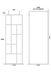 Nuie Matt Black Abstract Frame Wetroom Screen with Support Arms 1950mm (All Sizes) line drawing