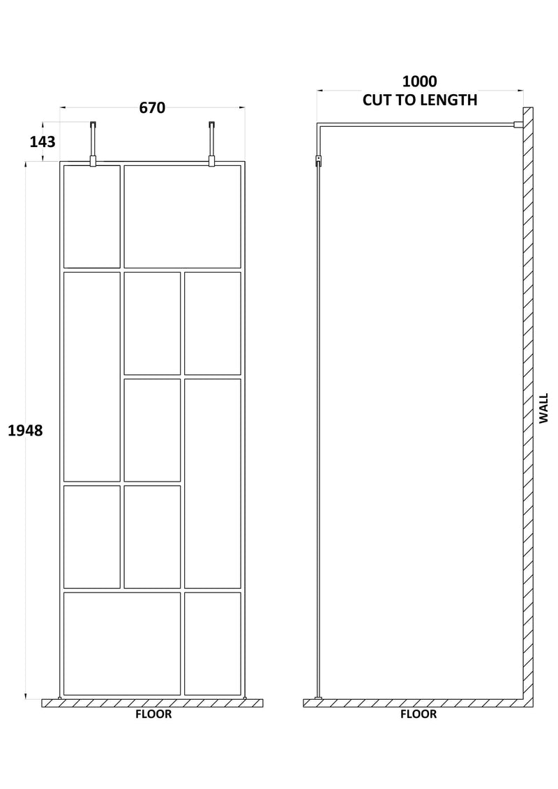 Nuie Matt Black Abstract Frame Wetroom Screen with Support Arms 1950mm (All Sizes) line drawing