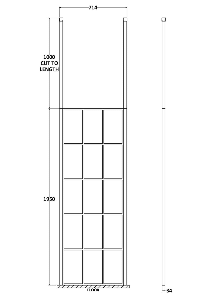 Nuie Matt Black Framed Wetroom Screen with Ceiling Posts 1950mm (All Sizes) line drawing
