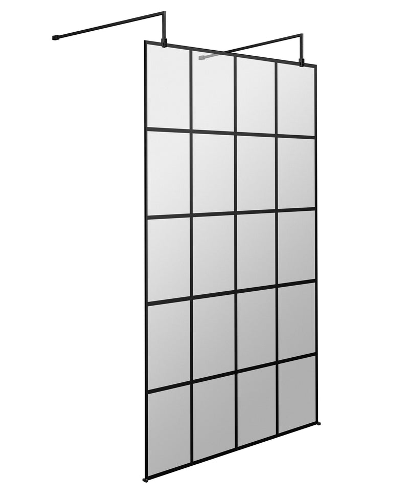 Nuie Matt Black Framed Wetroom Screen with Support Arms 1950mm (All Sizes) in 1100mm Matt Black (NWFAF11)