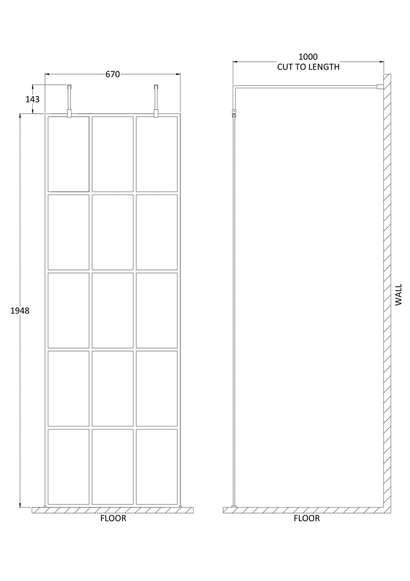 Nuie Matt Black Framed Wetroom Screen with Support Arms 1950mm (All Sizes) line drawing