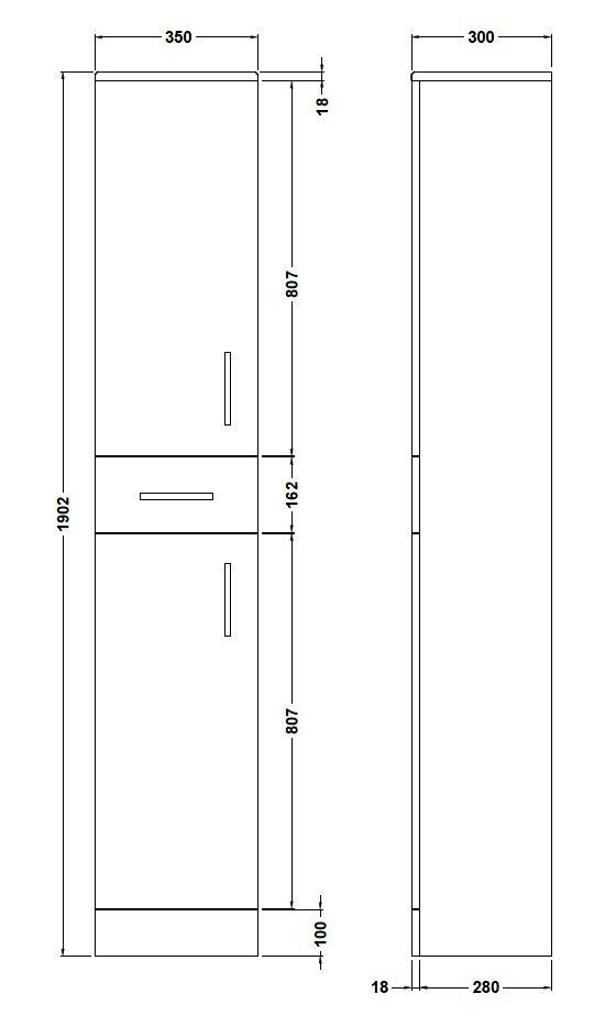 Nuie Mayford 350mm Gloss White floor standing tall storage cabinet 300mm deep - 350mm - dimensioned line drawing