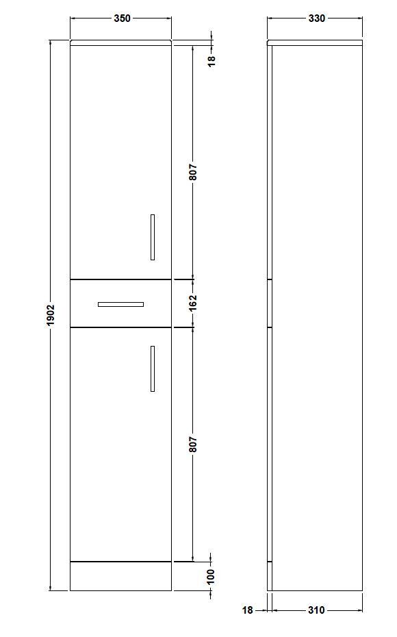 Nuie Mayford 350mm Gloss White floor standing tall storage cabinet 330mm deep - 350mm - dimensioned line drawing