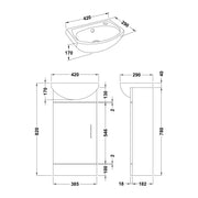 Nuie Mayford 400mm Gloss White floor standing cloakroom vanity unit with basin - 400mm - dimensioned line drawing
