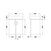 Nuie Mayford 450mm 2 door vanity unit with basin in Gloss White - Wall Hung - dimensioned line drawing
