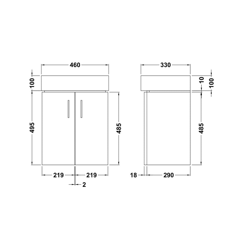 Nuie Mayford 450mm 2 door vanity unit with basin in Gloss White - Wall Hung - dimensioned line drawing