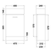 Nuie Mayford 485mm Gloss White compact floor standing vanity unit with basin - 485mm - dimensioned line drawing