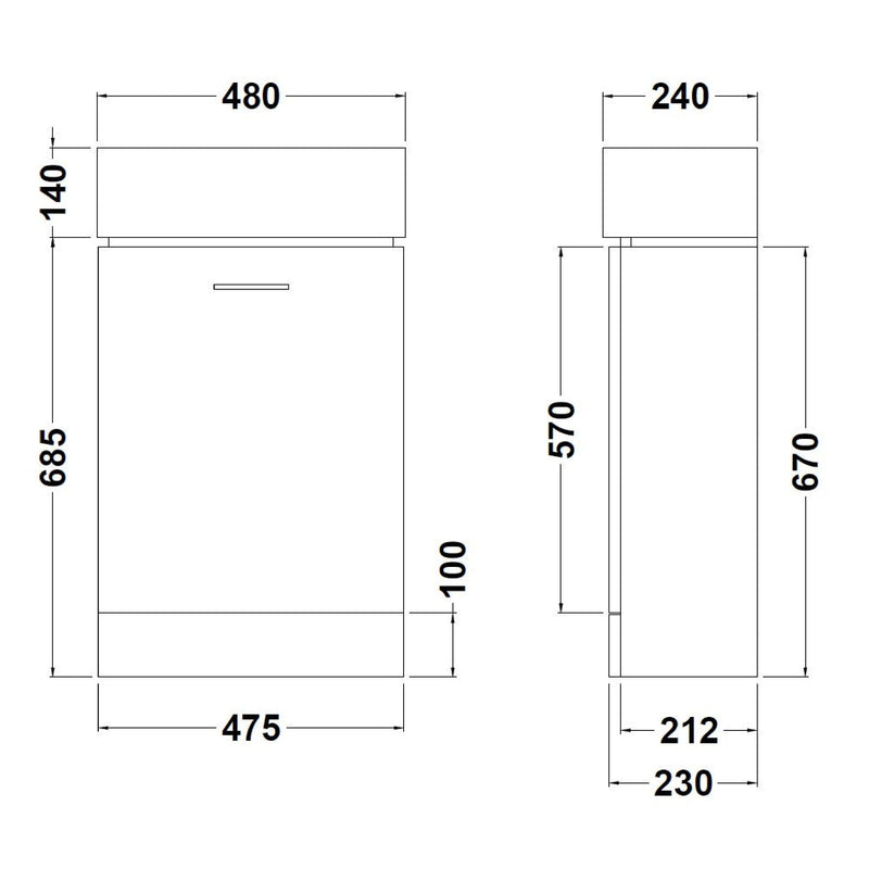 Nuie Mayford 485mm Gloss White compact floor standing vanity unit with basin - 485mm - dimensioned line drawing