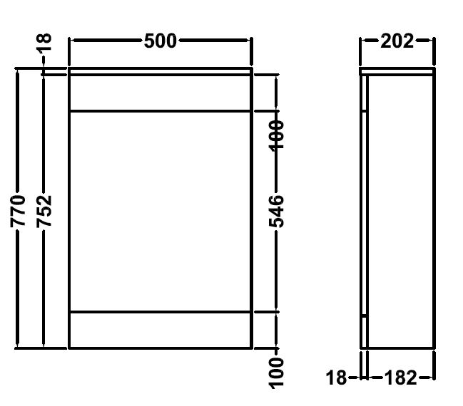 Nuie Mayford 500mm Gloss White floor standing WC unit with concealed cistern - 500mm - dimensioned line drawing