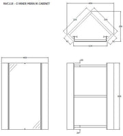 Nuie Mayford Gloss White wall hung corner mirror cabinet - 459mm - dimensioned line drawing