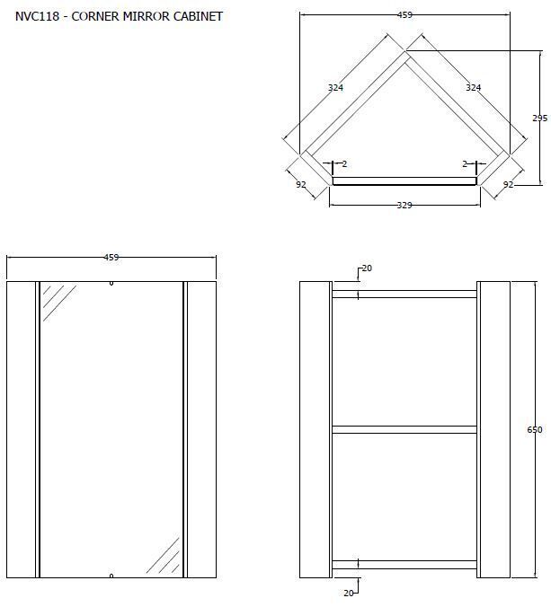 Nuie Mayford Gloss White wall hung corner mirror cabinet - 459mm - dimensioned line drawing