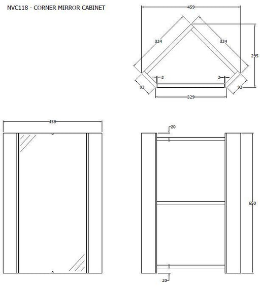 Nuie Mayford Gloss White wall hung corner mirror cabinet - 459mm - dimensioned line drawing
