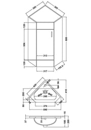 Nuie Mayford floor standing corner vanity unit with basin in Gloss White - 1 Door - dimensioned line drawing