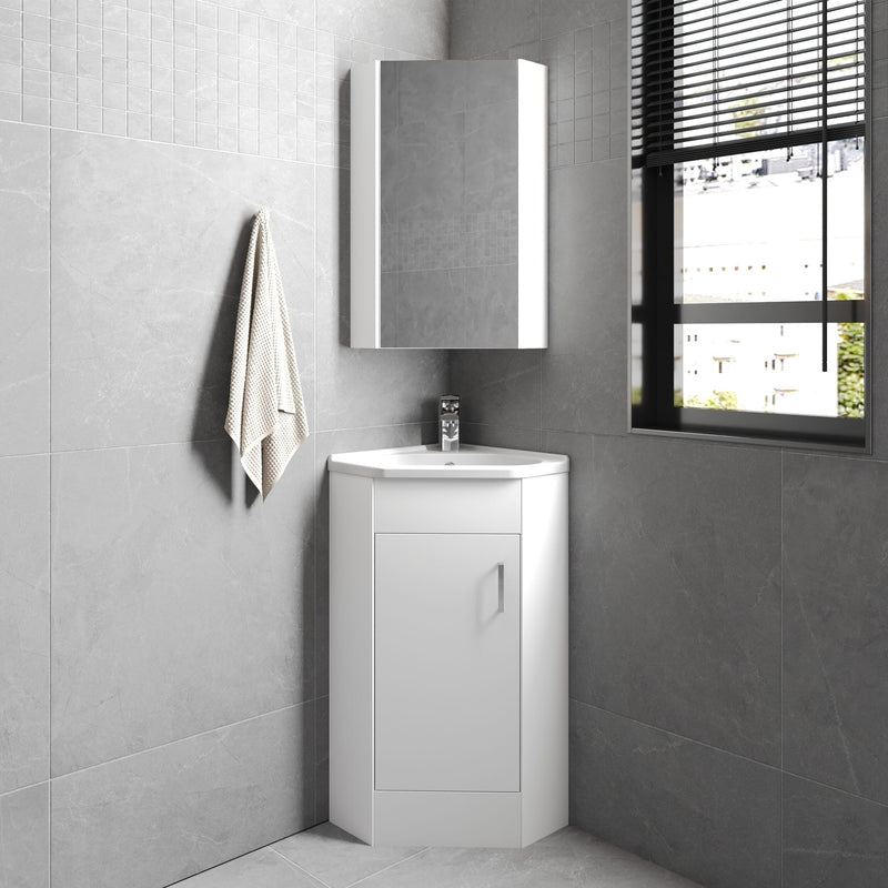 Nuie Mayford floor standing corner vanity unit with basin in Gloss White - 1 Door - bathroom lifestyle setting