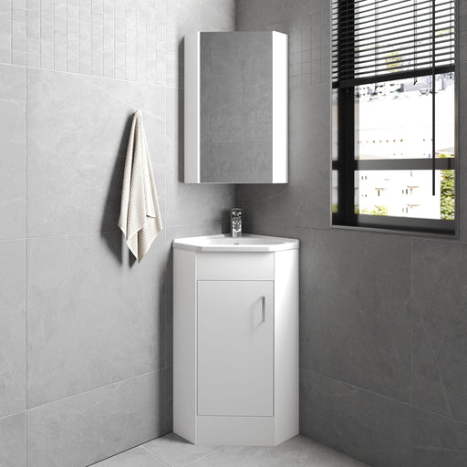 Nuie Mayford floor standing corner vanity unit with basin in Gloss White - 1 Door - bathroom lifestyle setting