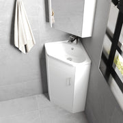Nuie Mayford floor standing corner vanity unit with basin in Gloss White - 1 Door - bathroom lifestyle setting