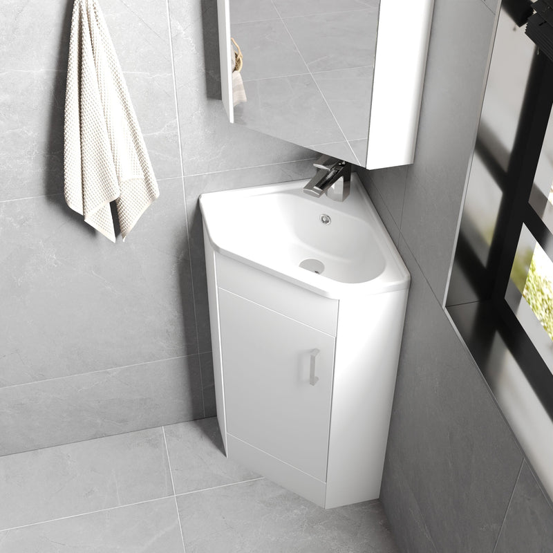 Nuie Mayford floor standing corner vanity unit with basin in Gloss White - 1 Door - bathroom lifestyle setting