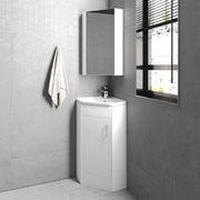 Nuie Mayford floor standing corner vanity unit with basin in Gloss White - 1 Door - bathroom lifestyle setting