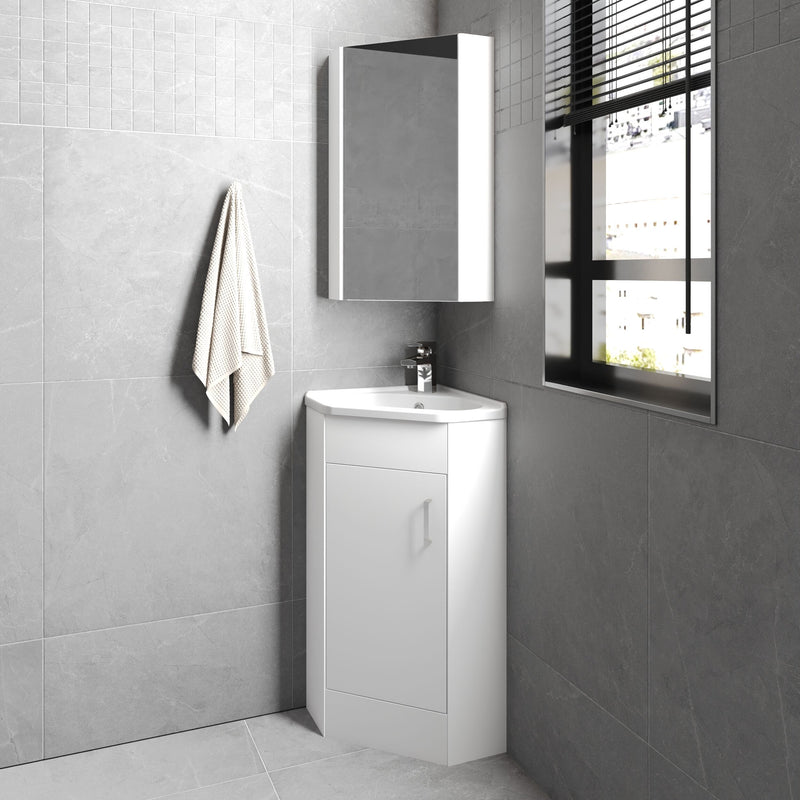 Nuie Mayford floor standing corner vanity unit with basin in Gloss White - 1 Door - bathroom lifestyle setting