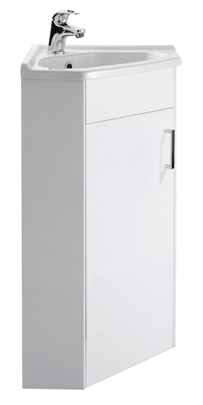 Nuie Mayford floor standing corner vanity unit with basin in Gloss White - 1 Door