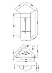Nuie Mayford floor standing corner vanity unit with basin in Gloss White - 2 Door - dimensioned line drawing
