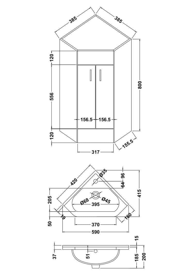 Nuie Mayford floor standing corner vanity unit with basin in Gloss White - 2 Door - dimensioned line drawing