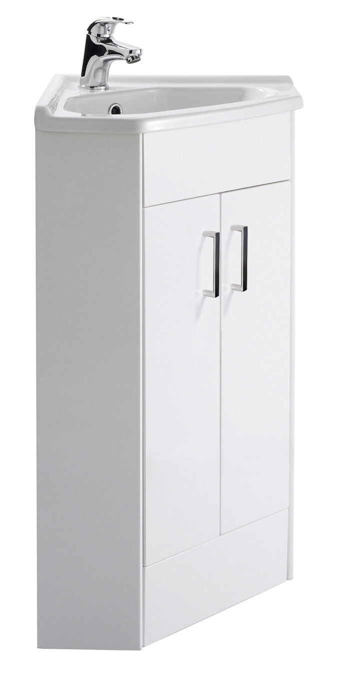 Nuie Mayford floor standing corner vanity unit with basin in Gloss White - 2 Door