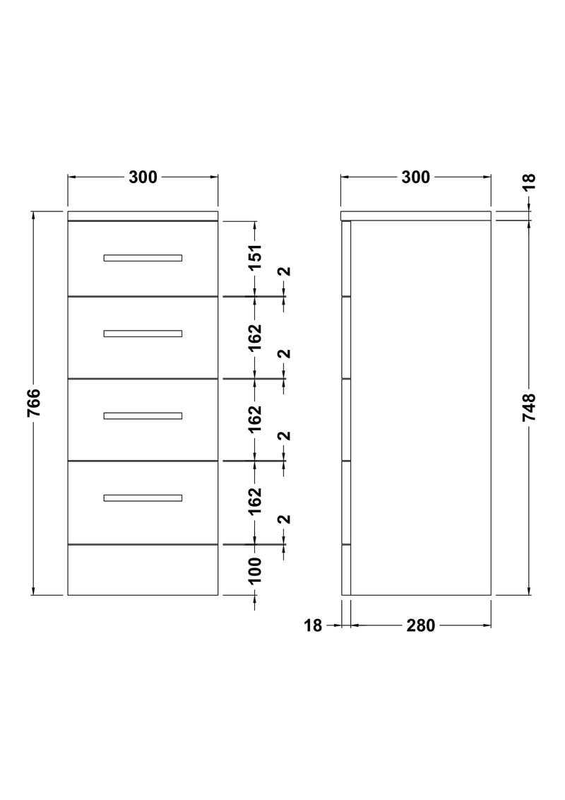 Nuie Mayford fitted cupboard unit 300mm deep in Gloss White - 300mm - dimensioned line drawing