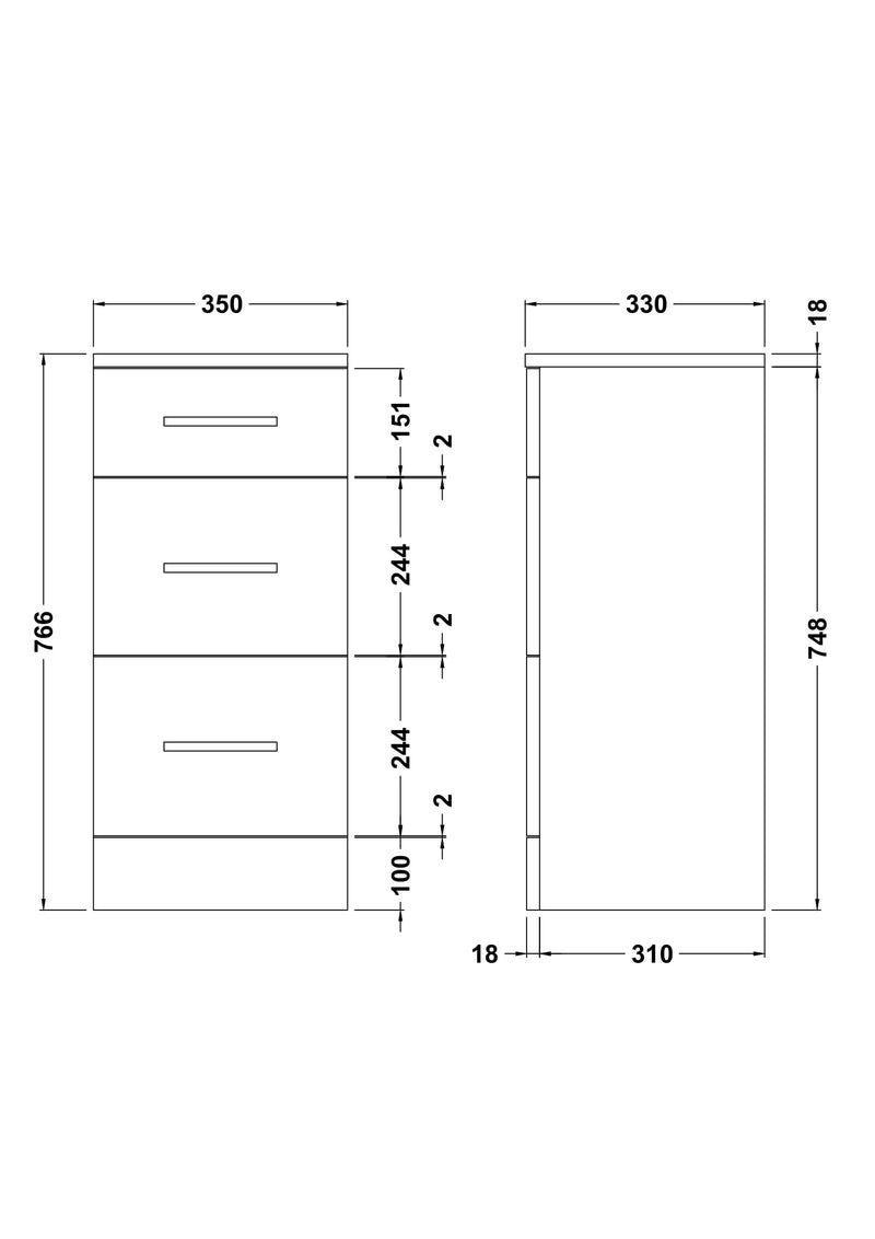 Nuie Mayford fitted cupboard unit 330mm deep in Gloss White - 350mm - dimensioned line drawing