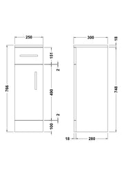 Nuie Mayford fitted drawer unit in Gloss White - 250mm — 300mm deep - dimensioned line drawing